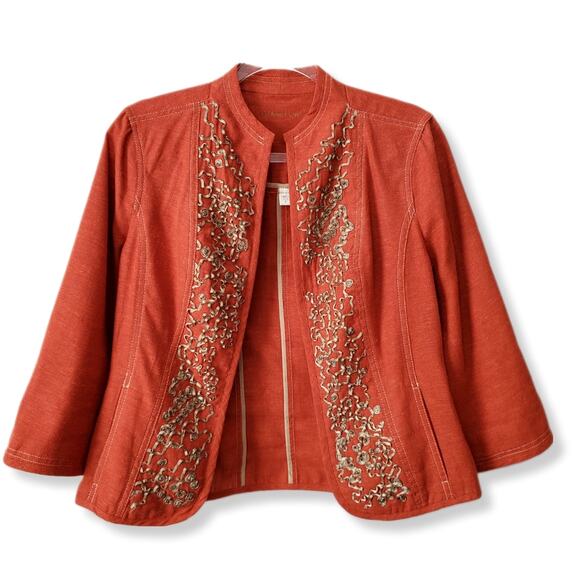 Coldwater Creek Women Linen Blazer Jacket 6 Beaded Embellished Fall Career NEW - Picture 1 of 14